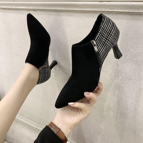 dress shoes women's short boots 2021autumn and winter fine with zipper buckle lattice color matching pointed women, Black 
dress shoes women's short boots 2021autumn and winter fine with zipper buckle lattice color matching pointed women, Black