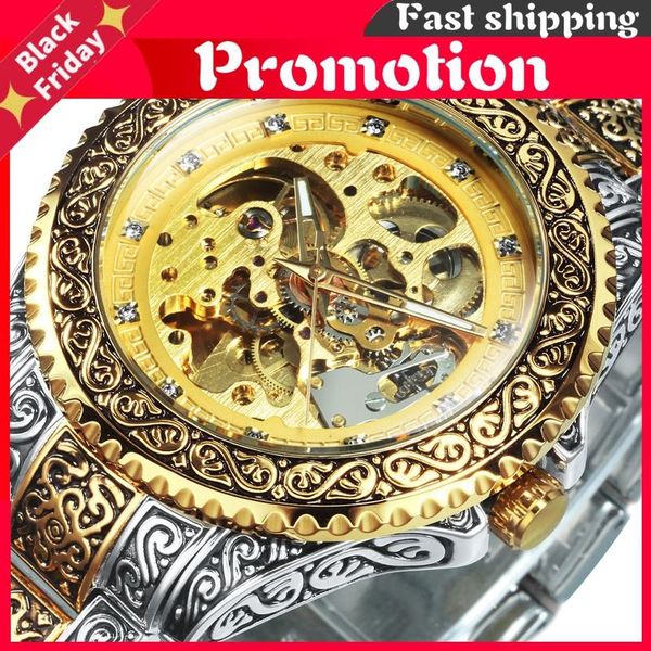 wristwatches gold skeleton mechanical watch men automatic retro royal clock stainless steel strap wrist watches top, Slivery;brown
wristwatches gold skeleton mechanical watch men automatic retro royal clock stainless steel strap wrist watches top, Slivery;brown