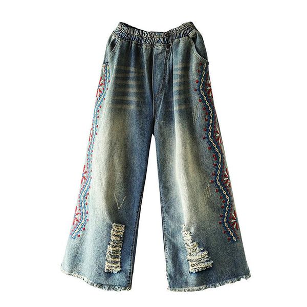 women's jeans plus size loose spring women cotton wide leg elastic waist vintage ethnic embroidery distressed denim jean trousers pants, Blue
women's jeans plus size loose spring women cotton wide leg elastic waist vintage ethnic embroidery distressed denim jean trousers pants, Blue