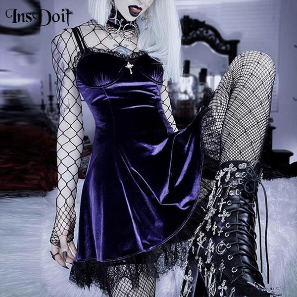 velvet gothic black women dress purple vintage lace sleeveless cross aesthetic elegant high waist club party, Black;gray 
velvet gothic black women dress purple vintage lace sleeveless cross aesthetic elegant high waist club party, Black;gray