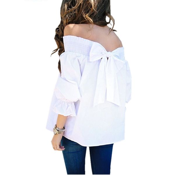 women autumn fashion shirts three quarter bow white slash neck off shoulder puff sleeve blouses 210607
women autumn fashion shirts three quarter bow white slash neck off shoulder puff sleeve blouses 210607