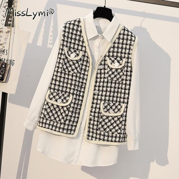plus size women sweet two piece set clothes autumn 2021 korean fashion long sleeve white shirts and v-neck tweed plaid vest1
plus size women sweet two piece set clothes autumn 2021 korean fashion long sleeve white shirts and v-neck tweed plaid vest1