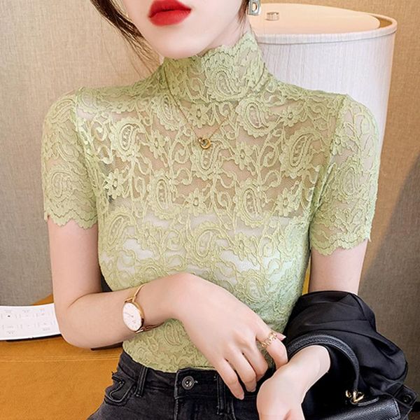 women's t-shirt ljsxls 2021 green short sleeve women summer lace base shirts female fashion elegant stand collar slim femme, White
women's t-shirt ljsxls 2021 green short sleeve women summer lace base shirts female fashion elegant stand collar slim femme, White