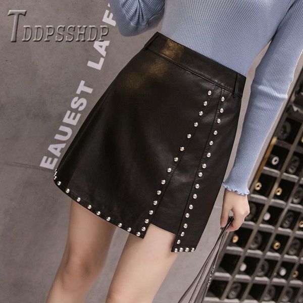 skirts 2021 beading pu leather women skirt slim high waist a line female, Black
