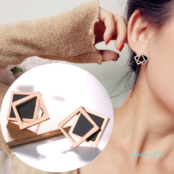 korean simple double hollow black rose gold earring gifts for women titanium square geometric stud earrings, Golden;silver
korean simple double hollow black rose gold earring gifts for women titanium square geometric stud earrings, Golden;silver