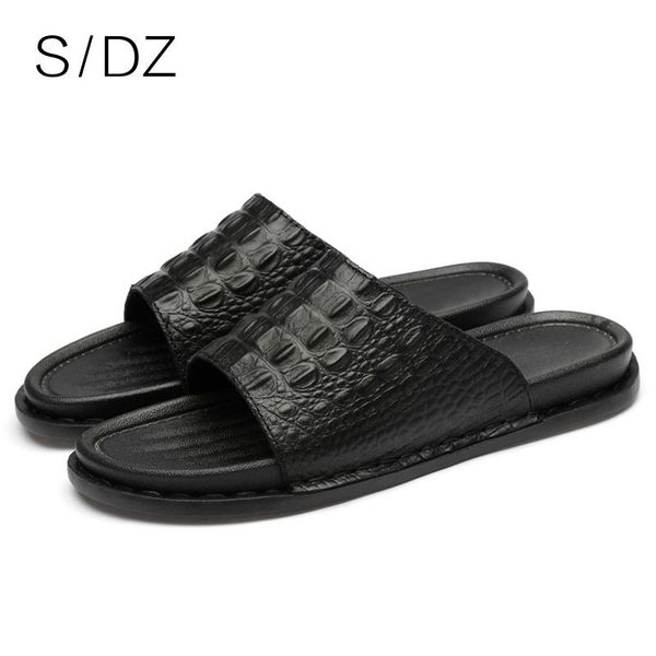 slippers sdz home men genuine leather soft leightweight comfortable crocodile pattern fashion 2021 shoe size 37-45, Black