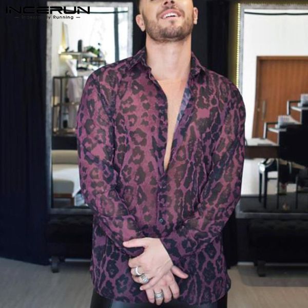 long sleeve turn down collar mesh blouse incerun 2021 fashion leopard print men shirts man button see through camisa 5xl 7 men's casual, White;black