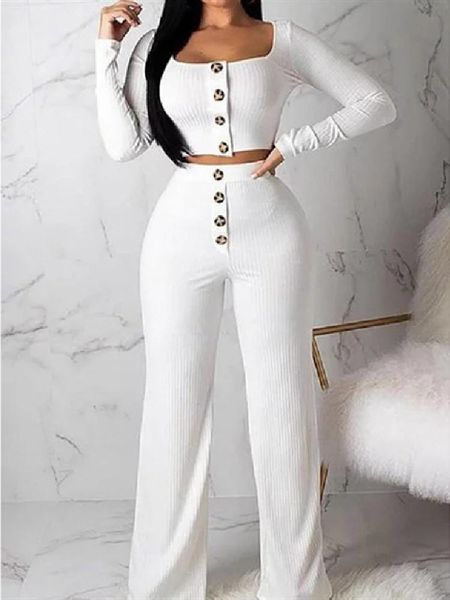 women's two piece pants autumn two-piece set women fashion soild slim button wide leg knitted suit woman 2 pieces, White
women's two piece pants autumn two-piece set women fashion soild slim button wide leg knitted suit woman 2 pieces, White