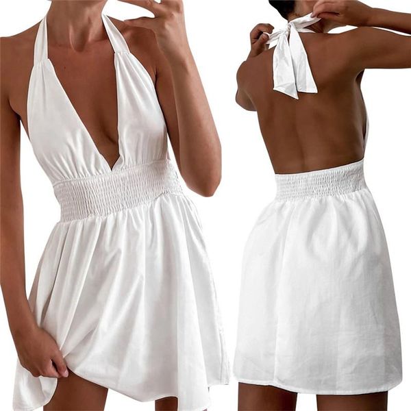 women solid color a-line dress for streetwear shrinkage design halter sleeveless backless deep v high waist slim mini casual dresses, Black;gray
women solid color a-line dress for streetwear shrinkage design halter sleeveless backless deep v high waist slim mini casual dresses, Black;gray