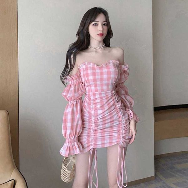 pink sweet plaid dress summer off-shoulder fairy skirt style waist hugging elegant cover hip skirt fashion lady girl 210528, Black;gray
pink sweet plaid dress summer off-shoulder fairy skirt style waist hugging elegant cover hip skirt fashion lady girl 210528, Black;gray