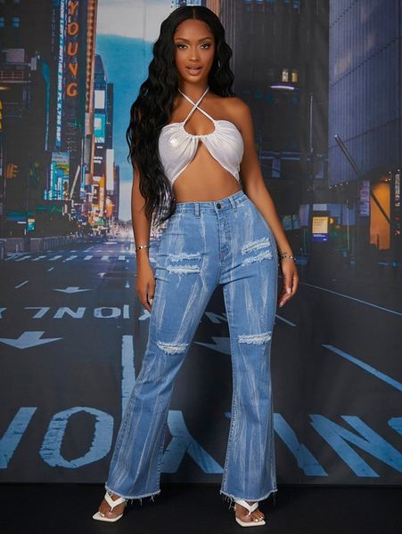 ripped raw hem flare leg jeans d1cv#, Blue
ripped raw hem flare leg jeans d1cv#, Blue