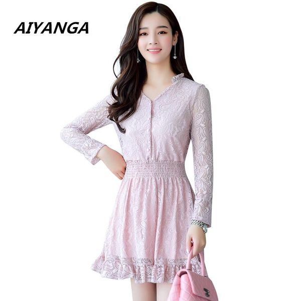 casual dresses female fashion sweet pink lace dress long sleeve v neck elastic waist slim elegant ladies solid 2021 autumn big size, Black;gray
casual dresses female fashion sweet pink lace dress long sleeve v neck elastic waist slim elegant ladies solid 2021 autumn big size, Black;gray