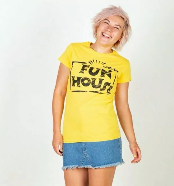 official women's yellow team fun house logo fitted t-shirt, White;black