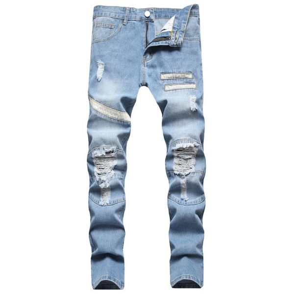 men's jeans non-stretch straight-leg pants ripped tight stitching high-quality trousers street hip-hop men, Blue
men's jeans non-stretch straight-leg pants ripped tight stitching high-quality trousers street hip-hop men, Blue