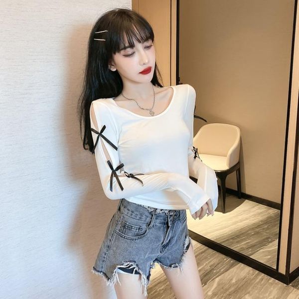 women's t-shirt korean round neck bottoming care machine long sleeve hollow bow spring personality fashion thin top, White
women's t-shirt korean round neck bottoming care machine long sleeve hollow bow spring personality fashion thin top, White