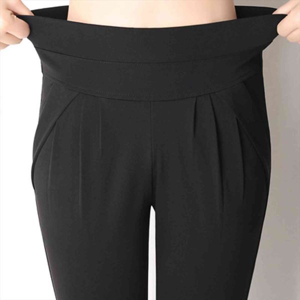 chic casual high waist stretch womens capri harem summer beach holidays plus size 6xl loose pockets pleated trousers, Black;white