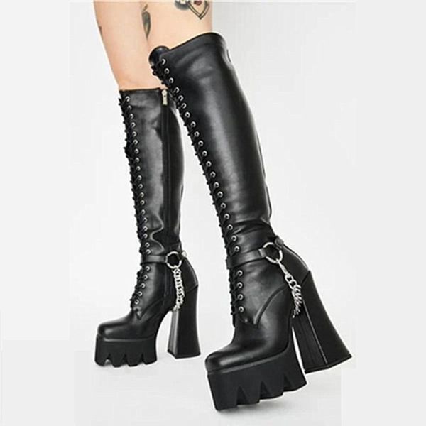 boots 2021 autumn winter style round toe chunky heels high platform lace up knee with chain decorate black color shoes
boots 2021 autumn winter style round toe chunky heels high platform lace up knee with chain decorate black color shoes