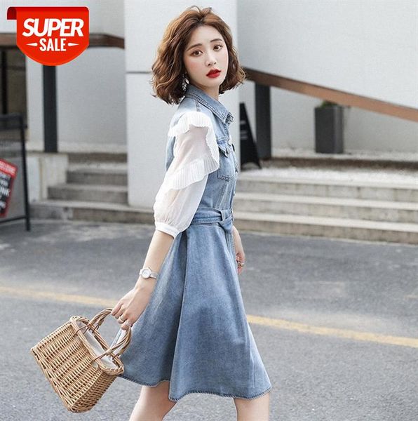 coffee break french retro dress women's early waist, thin denim skirt stitching chiffon #qf9m, Black;gray