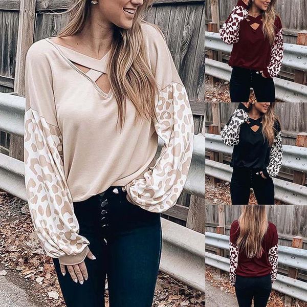 women's t-shirt leopard print pullover patchwork long sleeve v neck loose tshirts womens casual, White
women's t-shirt leopard print pullover patchwork long sleeve v neck loose tshirts womens casual, White