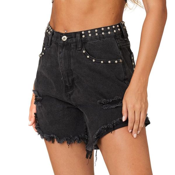 women's shorts black pearl rivet denim summer slim ripped high waist cowgirl vintage solid hole burr straight short female, White;black
women's shorts black pearl rivet denim summer slim ripped high waist cowgirl vintage solid hole burr straight short female, White;black