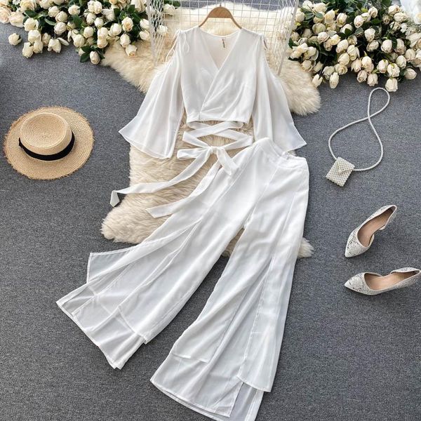 women's two piece pants women summer flare sleeves bow tied wrap cut out shoulder blouse & ruffle wide leg set casual chiffon 2 pieces, White
women's two piece pants women summer flare sleeves bow tied wrap cut out shoulder blouse & ruffle wide leg set casual chiffon 2 pieces, White