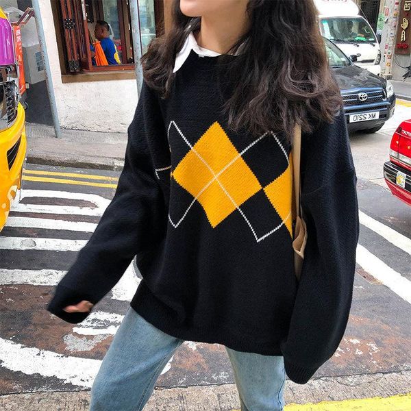women's sweaters jchb korean college style autumn winter geometric pattern argyle pullovers loose oversized o-neck knitted woman jumper, White;black
women's sweaters jchb korean college style autumn winter geometric pattern argyle pullovers loose oversized o-neck knitted woman jumper, White;black