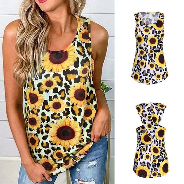women's t-shirt u-neck leopard print sunflower open back hollow sleeveless top, White
women's t-shirt u-neck leopard print sunflower open back hollow sleeveless top, White