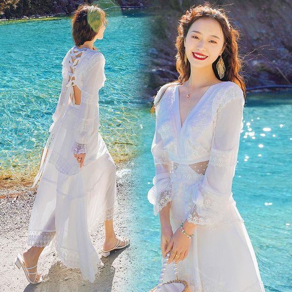 casual dresses 2021 vacation bohemian backless white hollow out lace dress bandage back ruched beach holiday summer, Black;gray
casual dresses 2021 vacation bohemian backless white hollow out lace dress bandage back ruched beach holiday summer, Black;gray