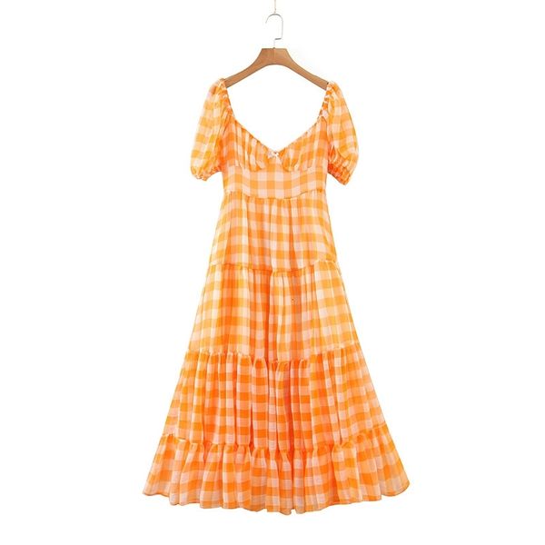 casual dresses summer french square collar plaid bubble sleeve long dress, Black;gray
casual dresses summer french square collar plaid bubble sleeve long dress, Black;gray