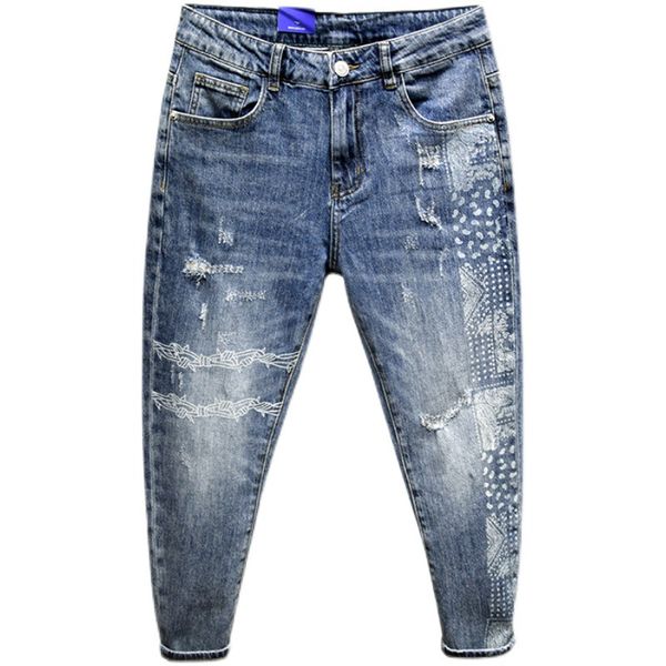 ebaihui men's nine cent jeans spring handsome youth fashion trend of hip hop pants low waisted printed little feet trousers for man, Blue
ebaihui men's nine cent jeans spring handsome youth fashion trend of hip hop pants low waisted printed little feet trousers for man, Blue