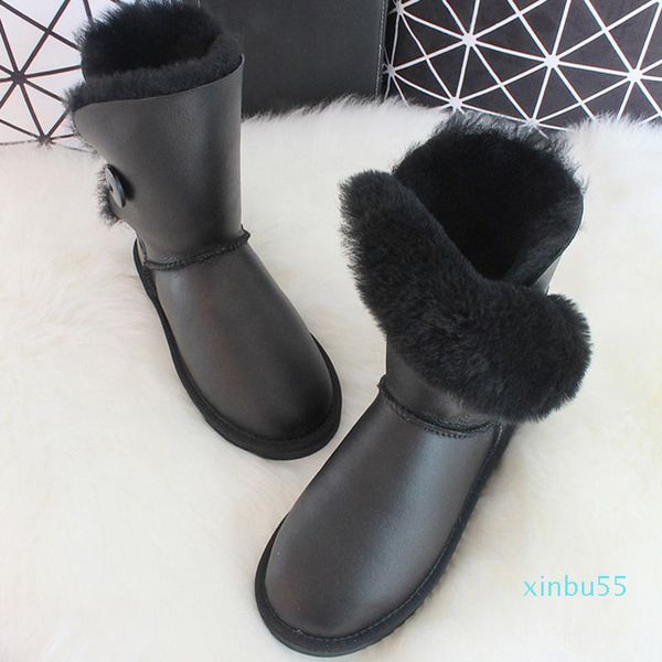 boots woman snow fashion genuine sheepskin leather women 100% natural fur warm wool winter shoe, Black