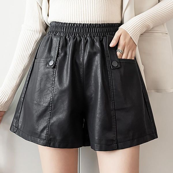 women's shorts elastic high waist pu leather women black wide leg ladies fall casual loose pocket short femme 2021 winter, White;black
women's shorts elastic high waist pu leather women black wide leg ladies fall casual loose pocket short femme 2021 winter, White;black