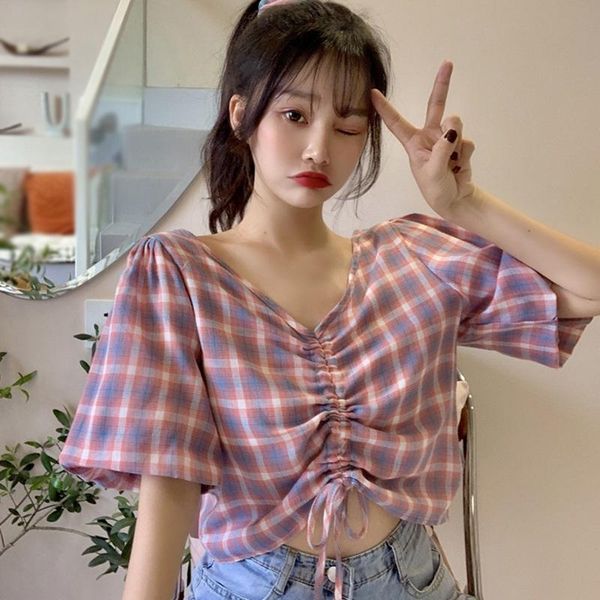 women's blouses & shirts female v-neck blouse short-sleeve drawstring summer flare sleeve plaid shirt, White
women's blouses & shirts female v-neck blouse short-sleeve drawstring summer flare sleeve plaid shirt, White