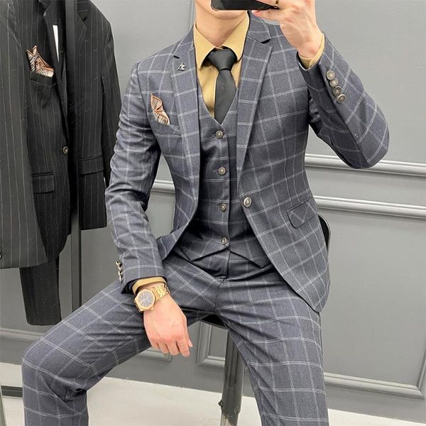 men's suits & blazers 2021 men dress pants vest 3 pcs set/male wedding autumn business formal plaid suit luxury slim fit coat trousers, White;black
men's suits & blazers 2021 men dress pants vest 3 pcs set/male wedding autumn business formal plaid suit luxury slim fit coat trousers, White;black