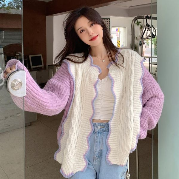 women's knits & tees sweater cardigan round neck jacket women loose gentle and sweet color matching long-sleeved, White
women's knits & tees sweater cardigan round neck jacket women loose gentle and sweet color matching long-sleeved, White