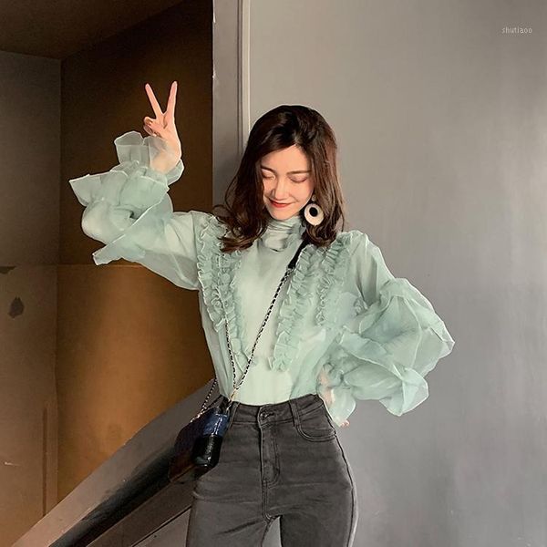 women's blouses & shirts ruffles high collar vintage blouse shirt women flare long sleeve elegant female casual summer chiffon blusas p, White
women's blouses & shirts ruffles high collar vintage blouse shirt women flare long sleeve elegant female casual summer chiffon blusas p, White