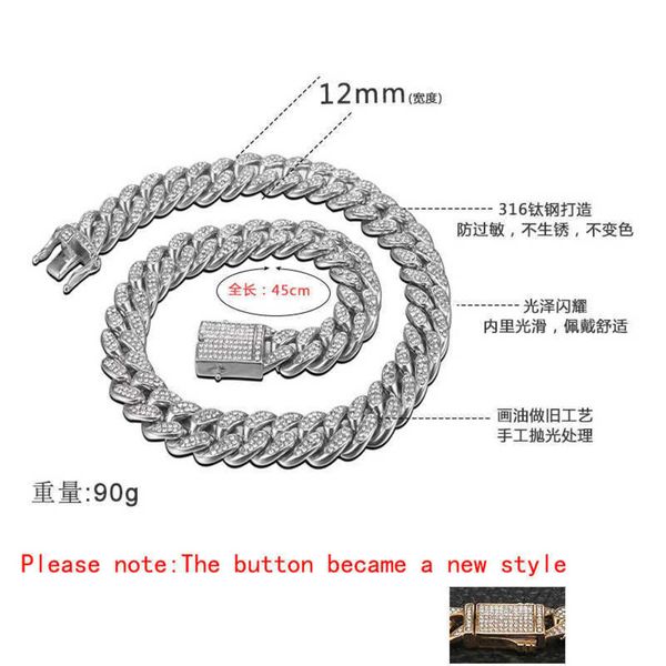 hip hop rapper men's stainless steel necklace, 12mm, 316l, pebble, flash, round ice cuban chain, neck zipper q0809, Silver
hip hop rapper men's stainless steel necklace, 12mm, 316l, pebble, flash, round ice cuban chain, neck zipper q0809, Silver