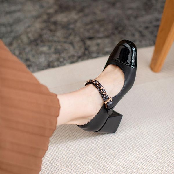 women shoes natural leather pumps 22-24.5cm cowhide metal chain buckle chunky heel sheepskin insole heels spring summer dress, Black
women shoes natural leather pumps 22-24.5cm cowhide metal chain buckle chunky heel sheepskin insole heels spring summer dress, Black