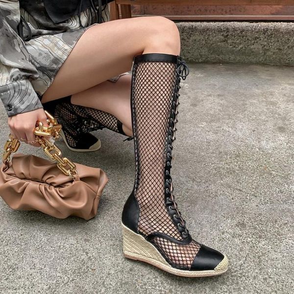 womens genuine leather holes knee thigh high boots sandal wedge heel lace up mesh net shoes breathable summer 2021, Black
womens genuine leather holes knee thigh high boots sandal wedge heel lace up mesh net shoes breathable summer 2021, Black