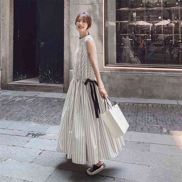 women's dress, long, tall, one-piece dress, temperament, round neck, loose mid-length, temperament, striped sleeveless dress 210331, Black;gray