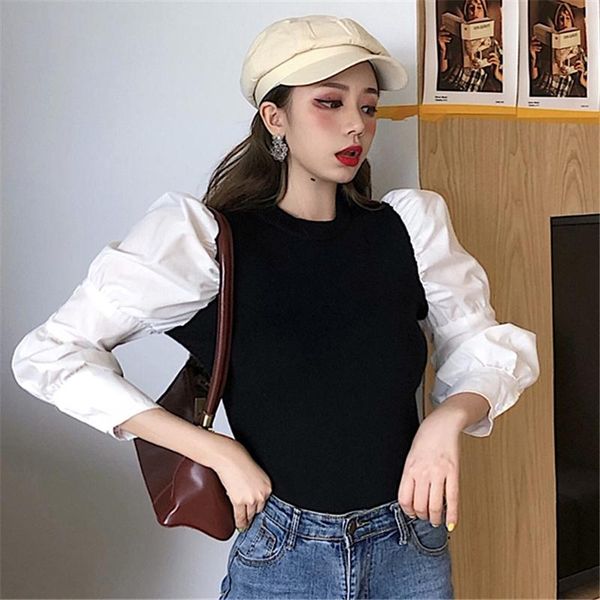 women's blouses & shirts chic fake two piece blouse women trend colorblock puff sleeve patchwork knitted sweet casual pullover, White
women's blouses & shirts chic fake two piece blouse women trend colorblock puff sleeve patchwork knitted sweet casual pullover, White