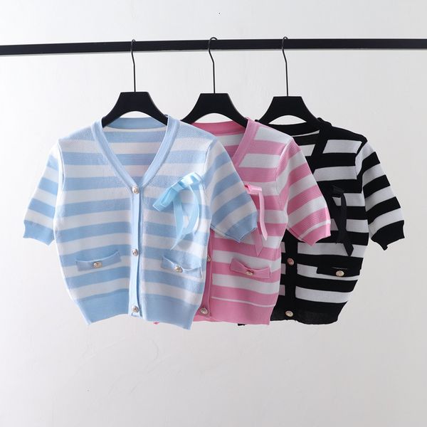 t shirt bow with cardigan sweater women's thin 2021 summer stripe color matching v-neck short top, White
t shirt bow with cardigan sweater women's thin 2021 summer stripe color matching v-neck short top, White