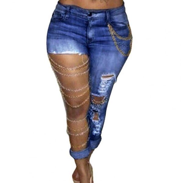 women's jeans fashion women high waist ripped holes skinny pencil pants denim trousers with chain punk summer 2021, Blue 
women's jeans fashion women high waist ripped holes skinny pencil pants denim trousers with chain punk summer 2021, Blue