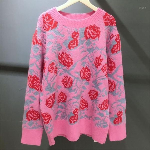 women's sweaters 2021 autumn winter korean retro pink rose printing sweater women round neck long sleeve loose pullover, White;black
women's sweaters 2021 autumn winter korean retro pink rose printing sweater women round neck long sleeve loose pullover, White;black