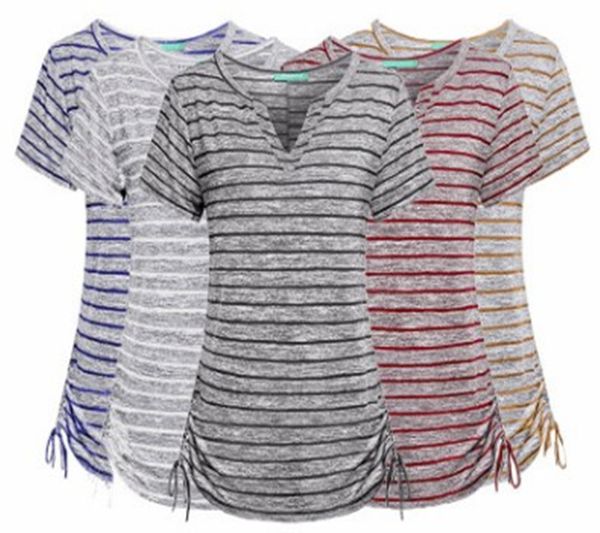 fashion t-shirts spring women's v-neck short sleeve loose drawstring striped shirt, White
fashion t-shirts spring women's v-neck short sleeve loose drawstring striped shirt, White