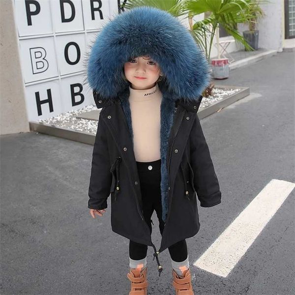 winter girls boys real fur coat detachable parka rabbit liner raccoon collar children thicken warm outerwear tz609 211204, Blue;gray