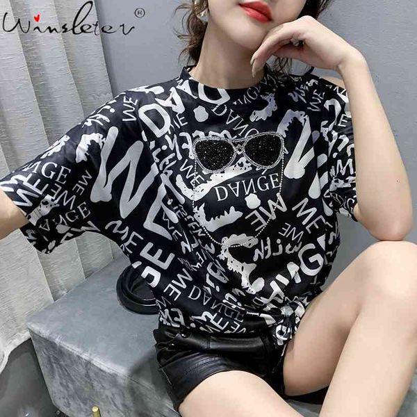 women's t-shirt summer european clothes loose knotted fashion off shoulder print glasses diamonds women all match tees t, White
women's t-shirt summer european clothes loose knotted fashion off shoulder print glasses diamonds women all match tees t, White