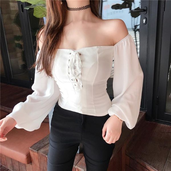 women's blouses & shirts womengaga women black slash neck off shoulder bandage short korean girl slim lantern sleeve shirt cryr, White