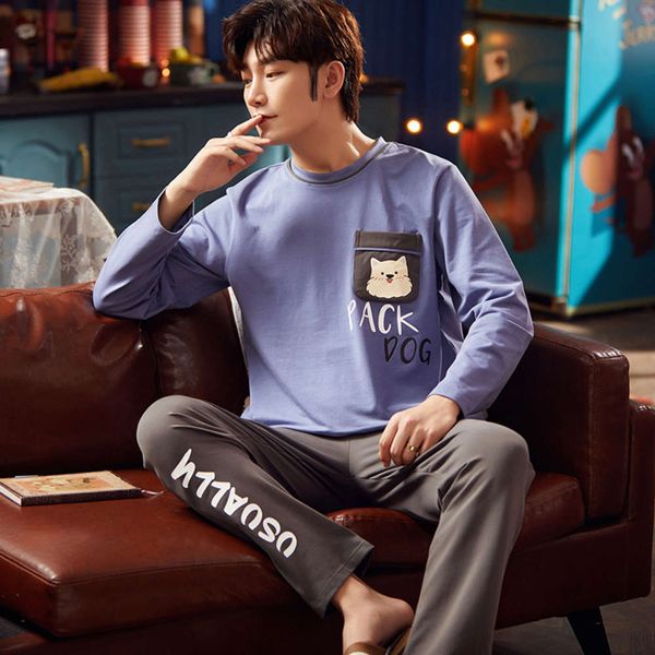 men's retrieved pajamas winter katoen long mouw set random plus size homewear cartoon with pocket nightwear, Black;brown