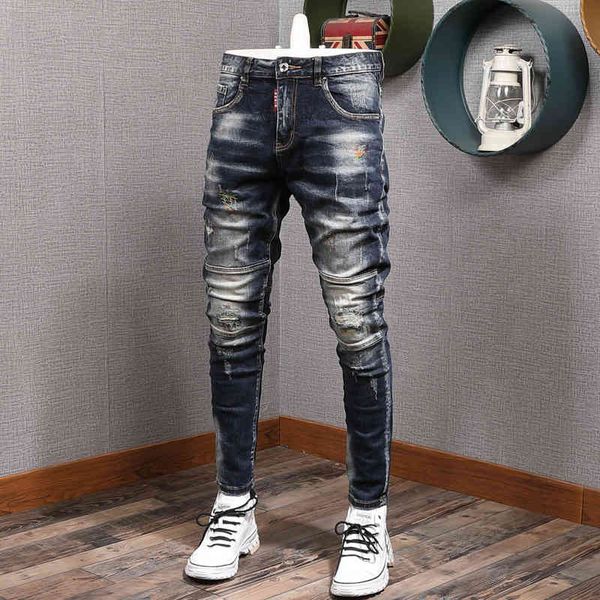 jeans fashion streetwear men jeans slim fit elastic destroyed ripped denim trousers painted spliced designer hip hop punk biker pants, Blue
jeans fashion streetwear men jeans slim fit elastic destroyed ripped denim trousers painted spliced designer hip hop punk biker pants, Blue